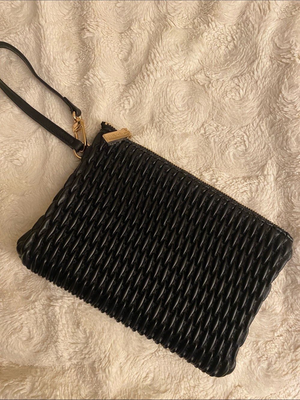 Anne Klein Black Woven Wristlet Clutch with Gold Hardware